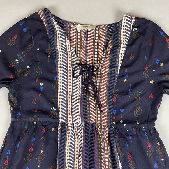 Umgee Lace Up Front Bell Sleeve Mini Dress Tunic Women's Sm Blue Floral Boho - Picture 4 of 15